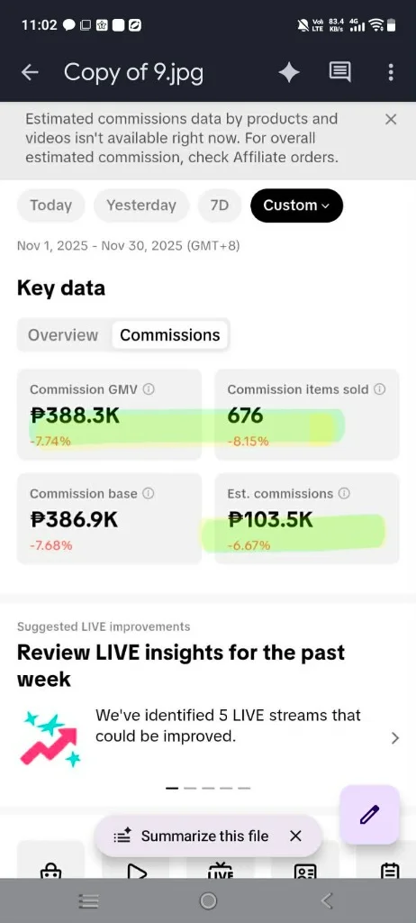 TikTok Affiliate Sales November 2025: ₱388.3K GMV, ₱103.5K Commission